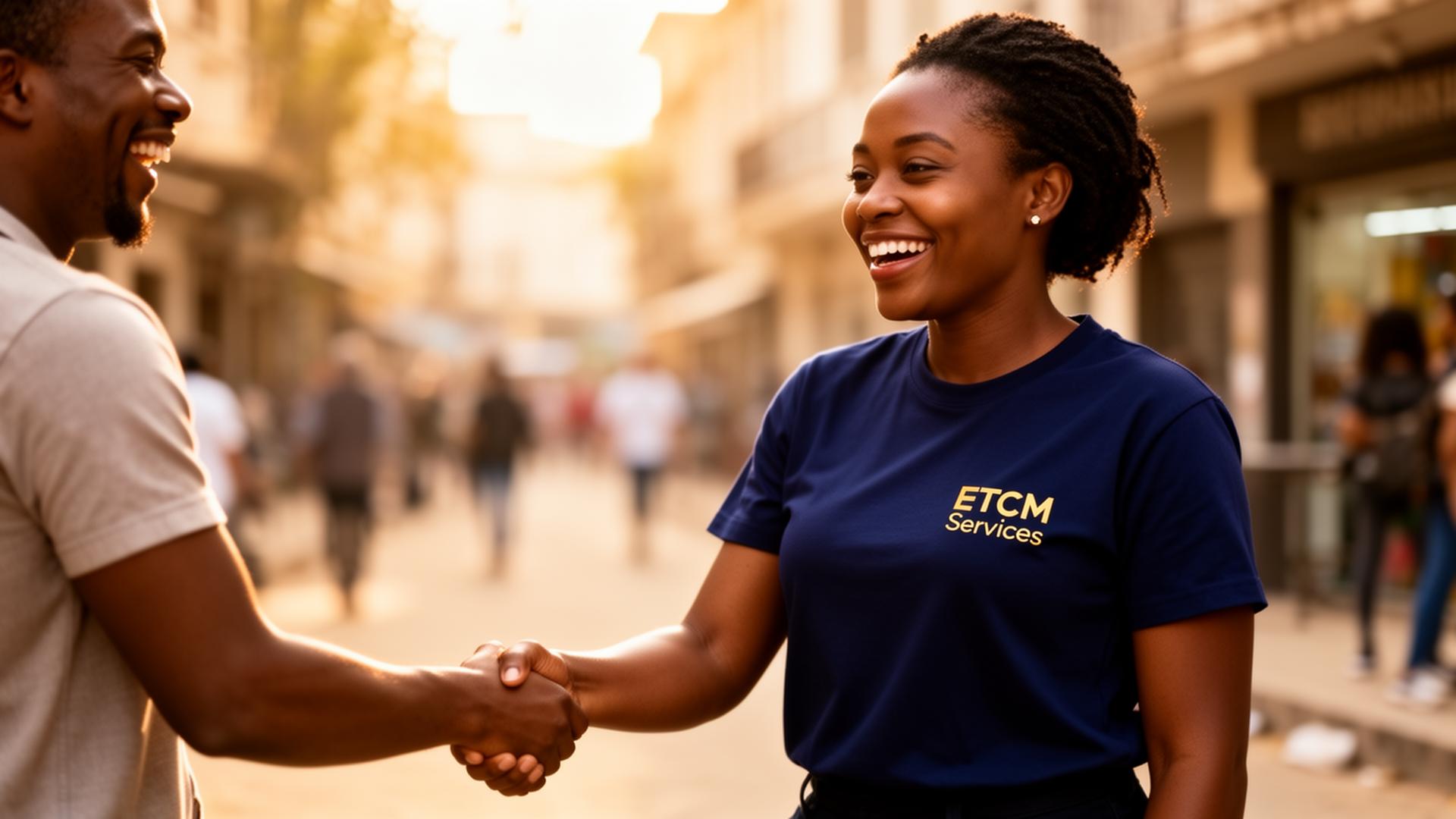 ETCM Services marketer shaking hands with happy customer on a busy street